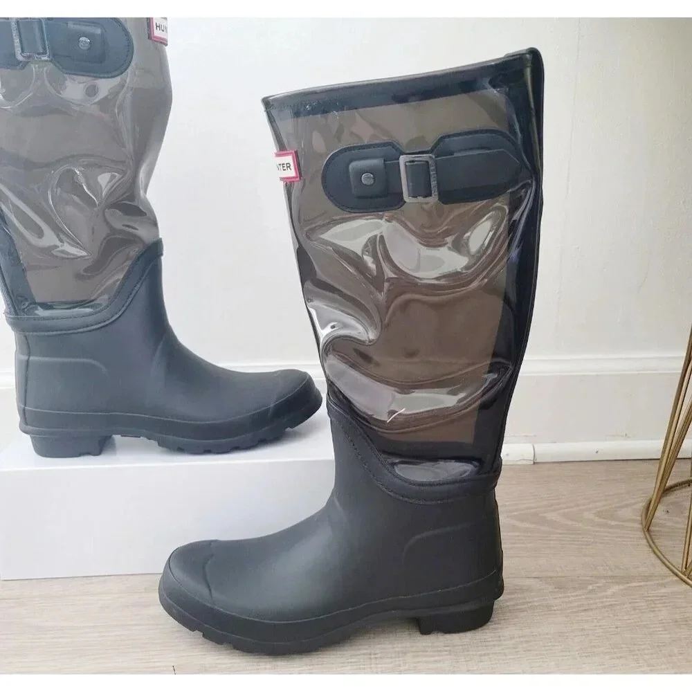 Hunter Fisherman Black Clear Buckle Rubber Tall Rain Outdoor Boots Shoes 7